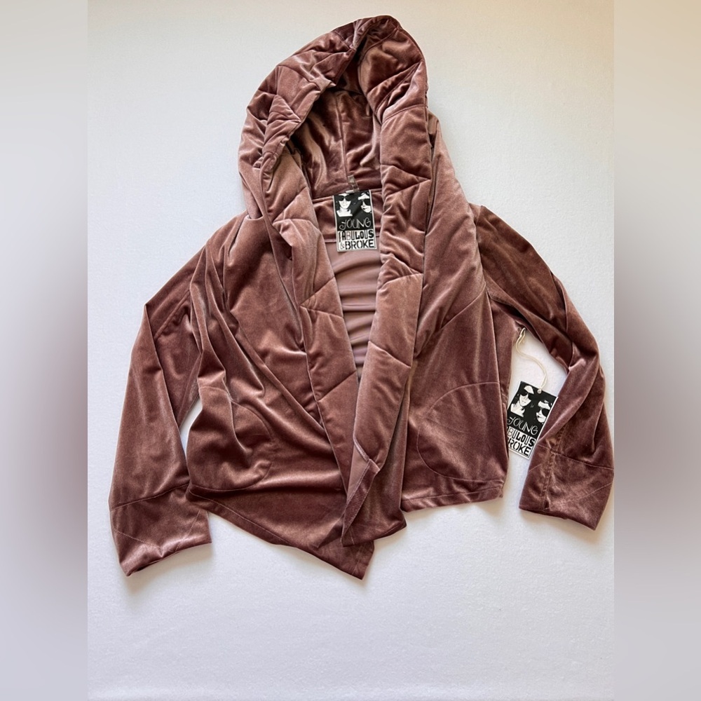 Young Fabulous & Broke Velvet Open Jacket in Mauve with pockets hooded